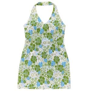 Vintage 90s City Triangles Tropical Floral Halter Mini Dress Medium Beach Green